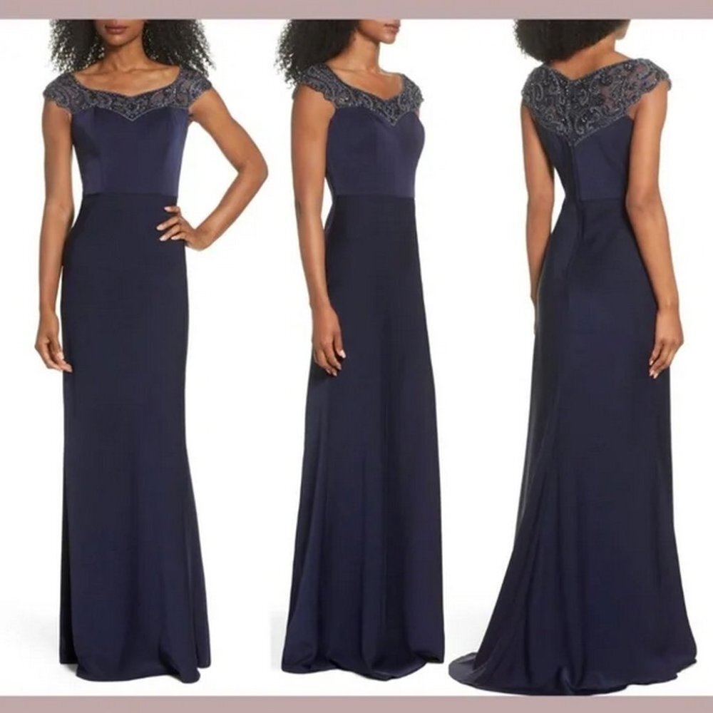 La Femme Navy Blue Beaded Column Gown